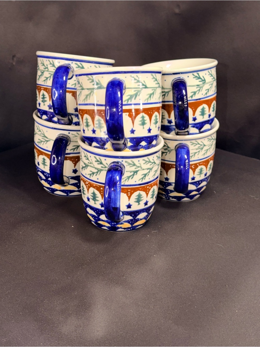 Polish Pottery Mugs set of 6 with Blue Handles and Festive Tree Pattern - Picture 2 of 10